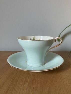 Vintage Aynsley England Bone China Pastel Blue Teacup & Saucer with Pink Rose